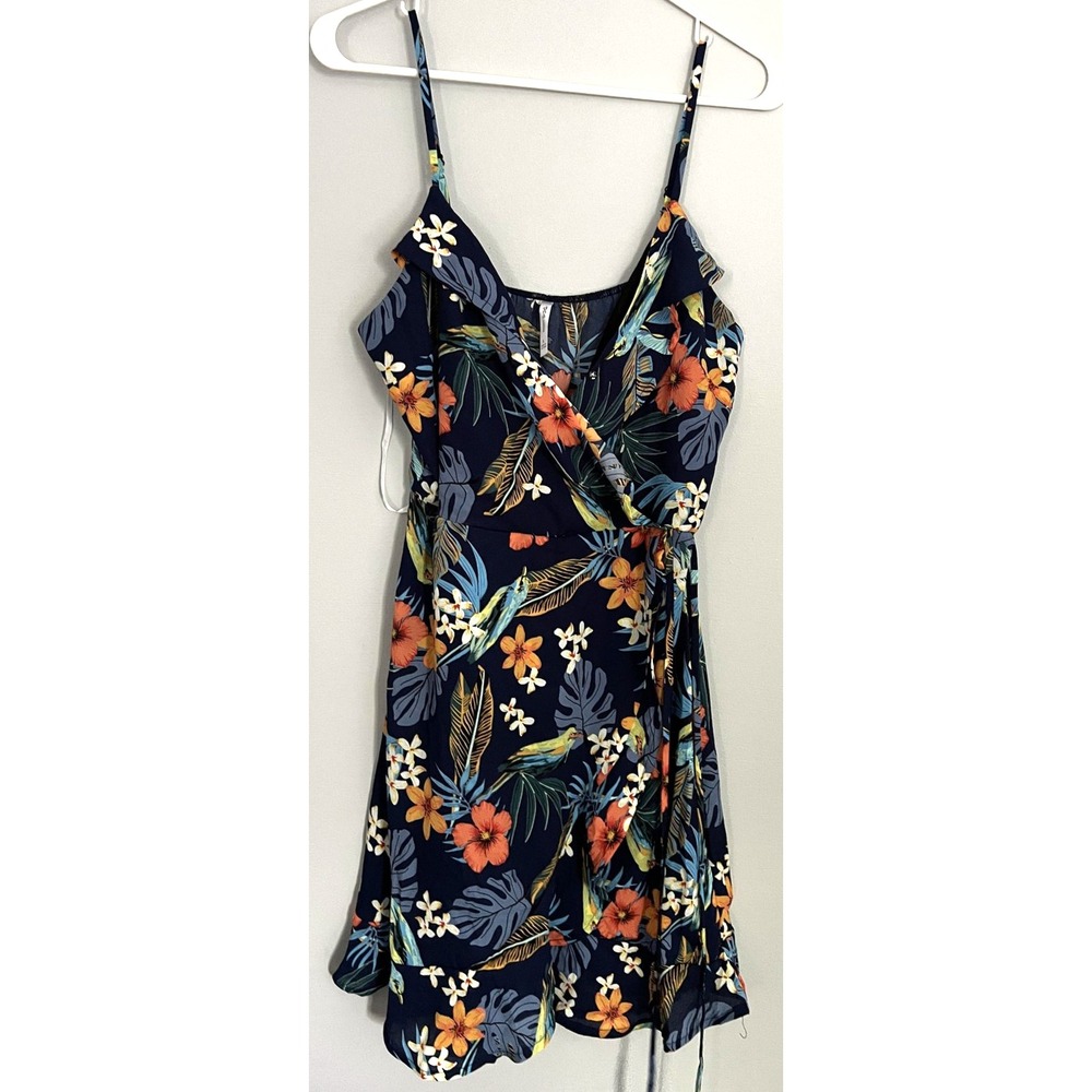 DNA Couture Dress Womens Large Navy Blue Every Good Thing Wrap Floral Print NWT